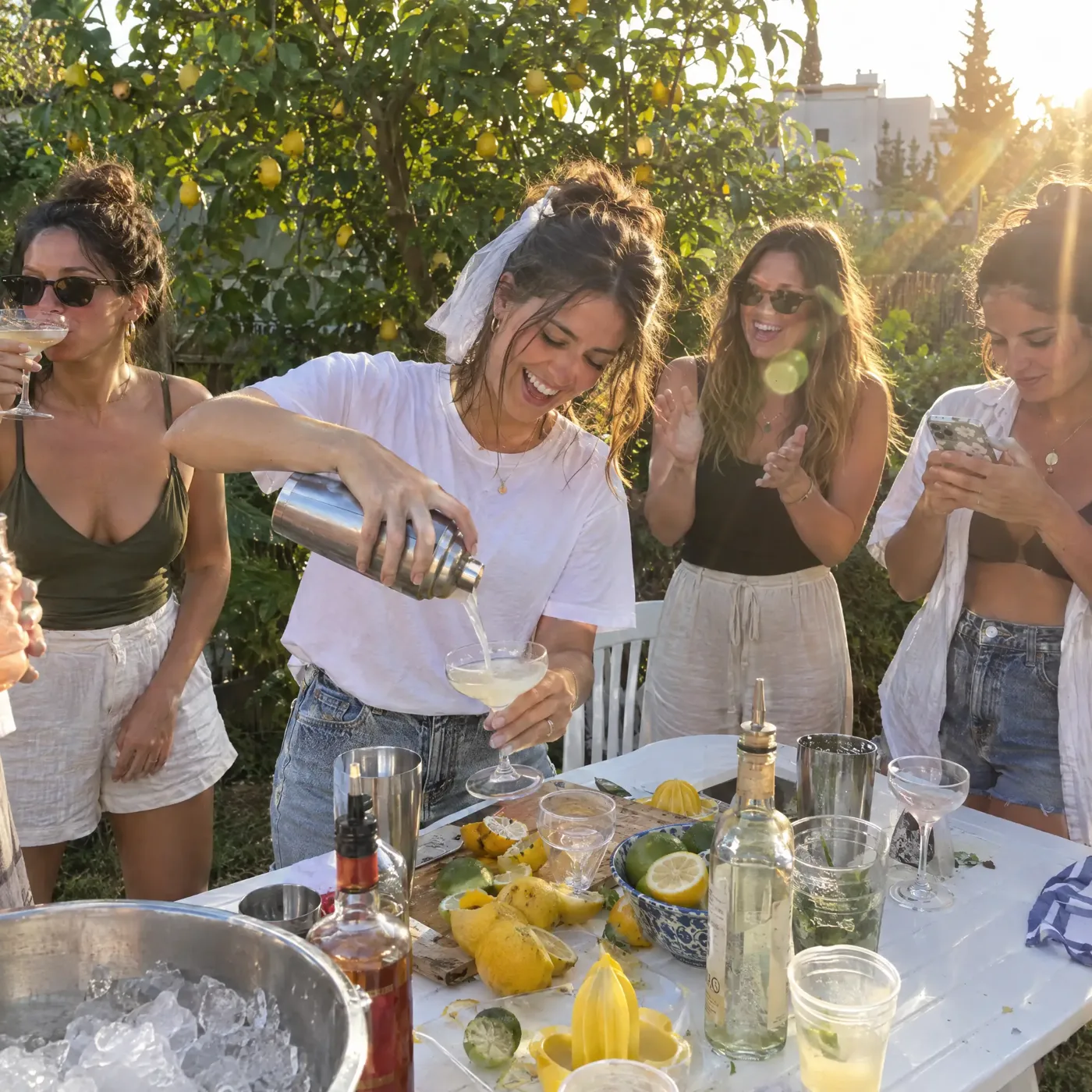 כלה מוזגת קוקטייל שהכינה בסדנת קוקטיילים לרווקות בגינה, והחברות מוחאות כפיים