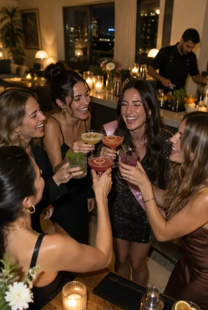 חברות מרימות כוסית עם הקוקטיילים שהכינו בסדנת קוקטיילים ליום הולדת